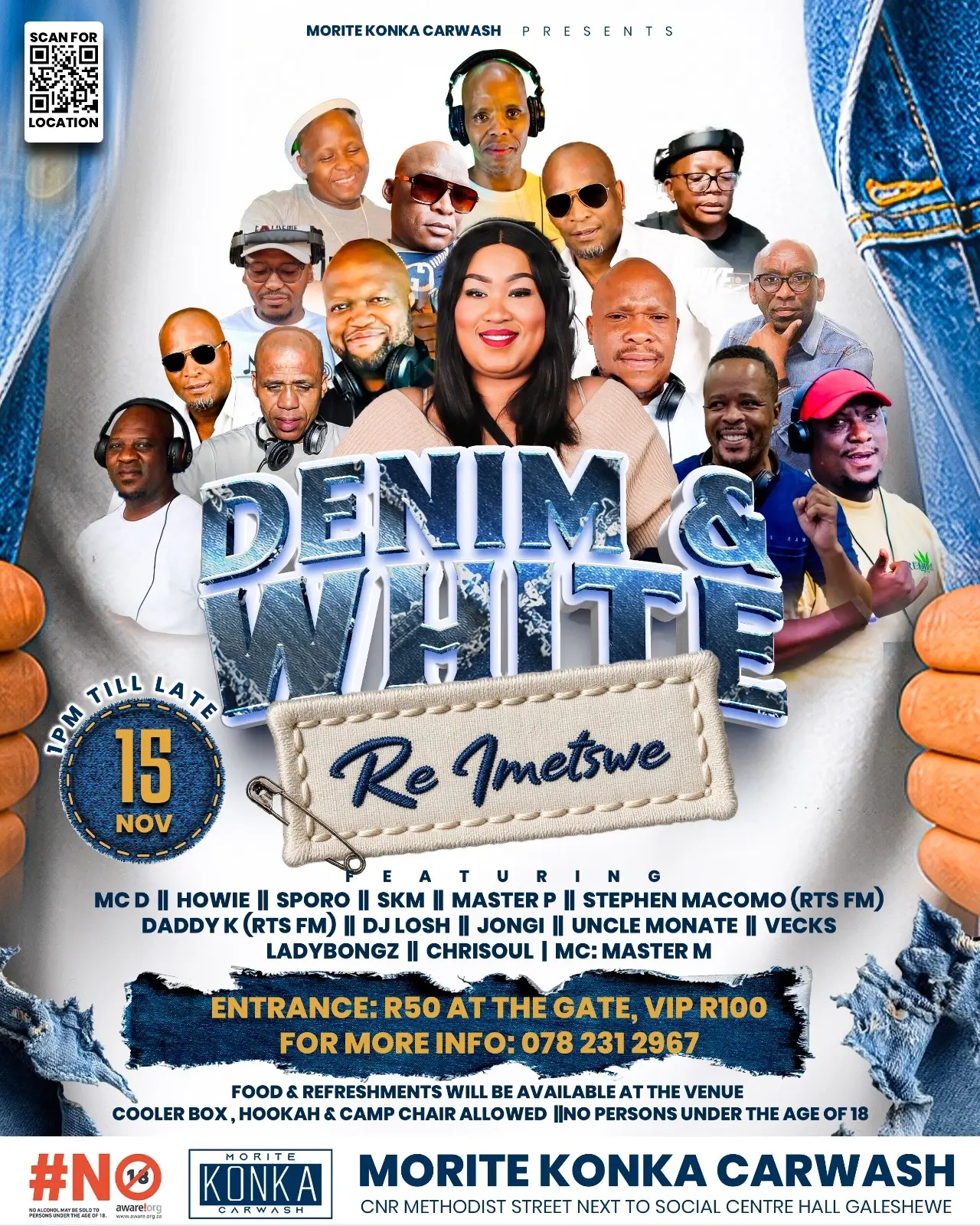 Denim & White event poster — live music, DJs and food at Morite Konka Car Wash, Galeshewe