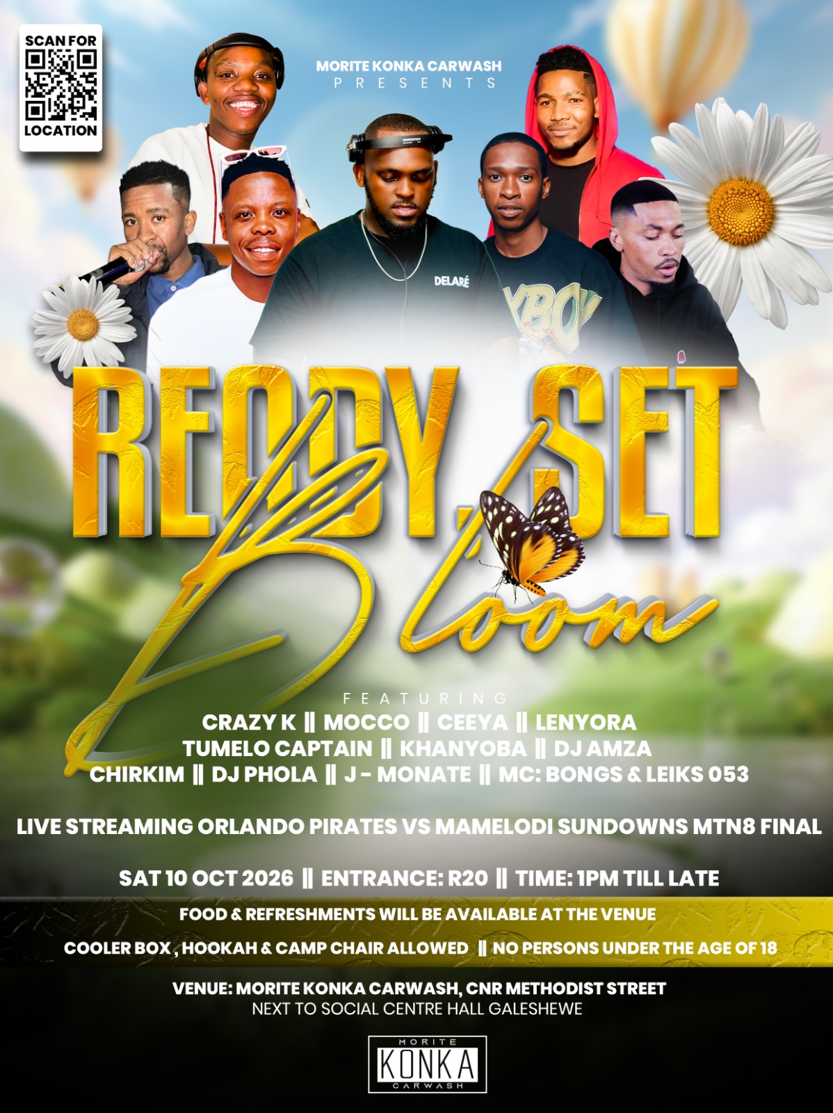 Ready Set Bloom event poster — live music, food and the MTN8 final at Morite Konka Car Wash, Galeshewe